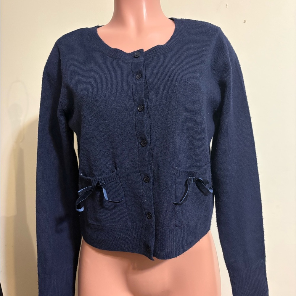 Hazel Moon Women’s cardigan Medium Blue button up‎ front pocket w/ bows NWT